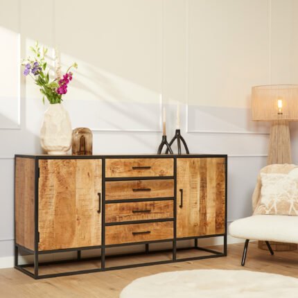 Dressoir Denver | Mangohout en staal | Naturel | 165 cm